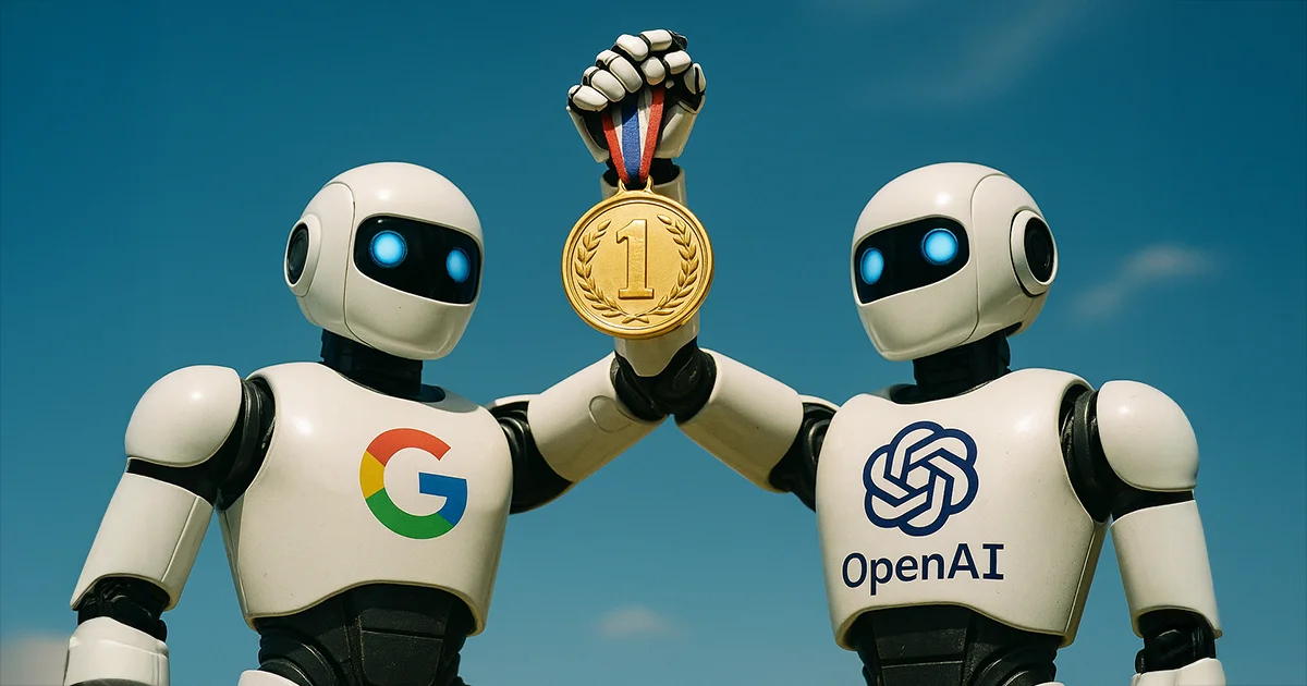 Zwei Roboter halten Gold Medaille hoch